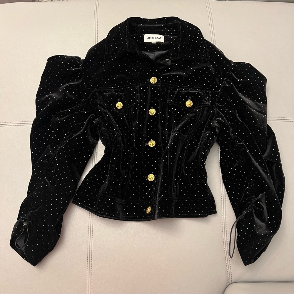 UOOYAA Black Suede Gold Buttons Dots Jacket